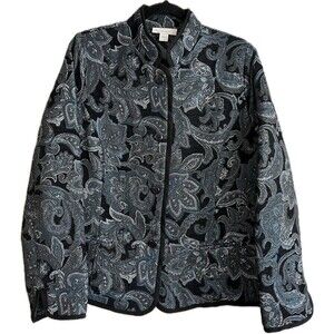 Dress Barn Jacket Blazer Womens Size L Button Front Textured Teal Paisley Print